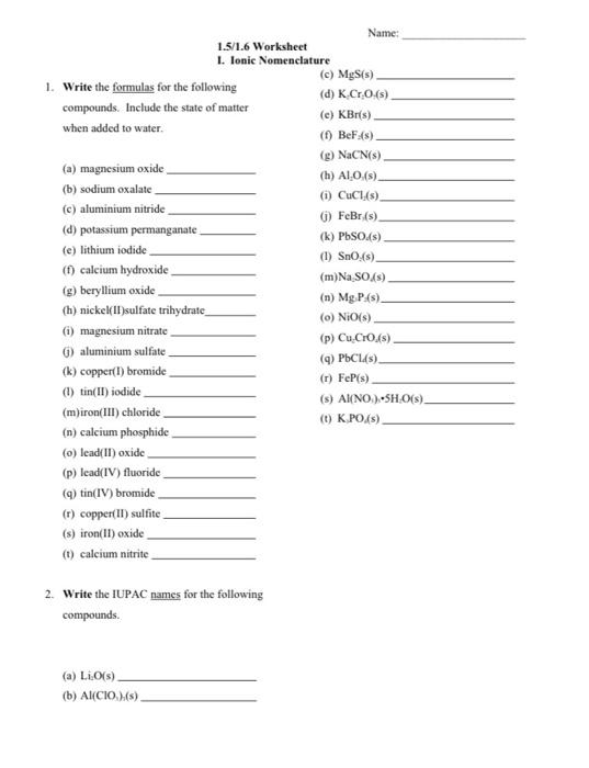 Solved 1.5 1.6 Worksheet 1. Ionic Nomenclature (c) Mgs (s) 