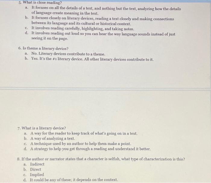Solved 1. What is literary analysis? a. Being able to | Chegg.com
