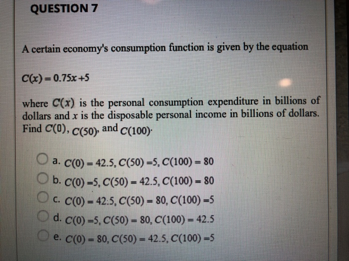 Solved QUESTION 7 A certain economy's consumption function | Chegg.com