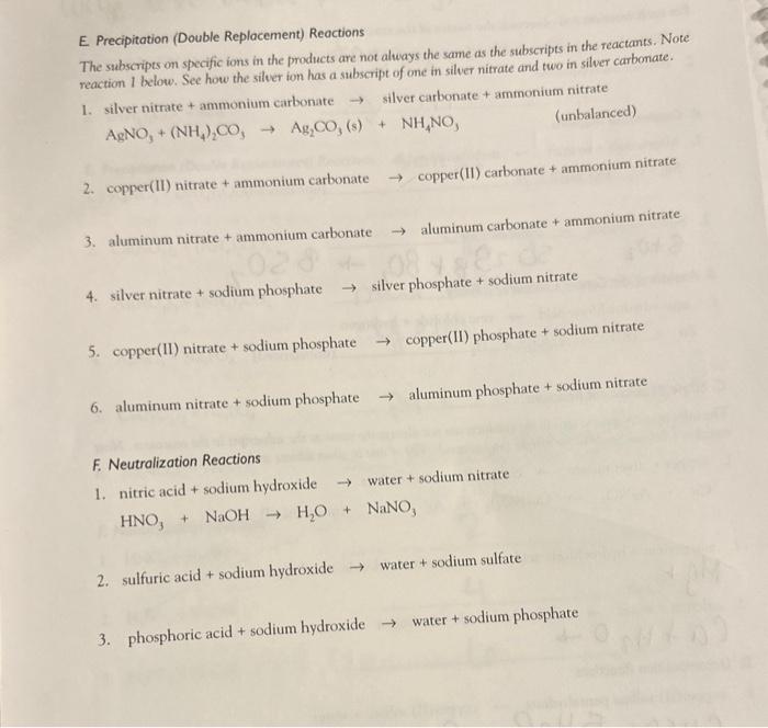 Solved E Precipitation (Double Replacement) Reactions The | Chegg.com