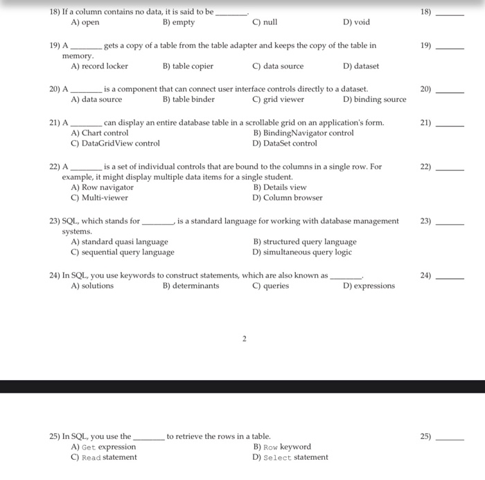 Solved 18 If A Column Contains No Data It Is Said To Be A Chegg