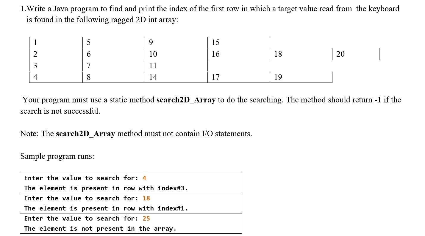 Solved 1. Write a Java program to find and print the index Chegg