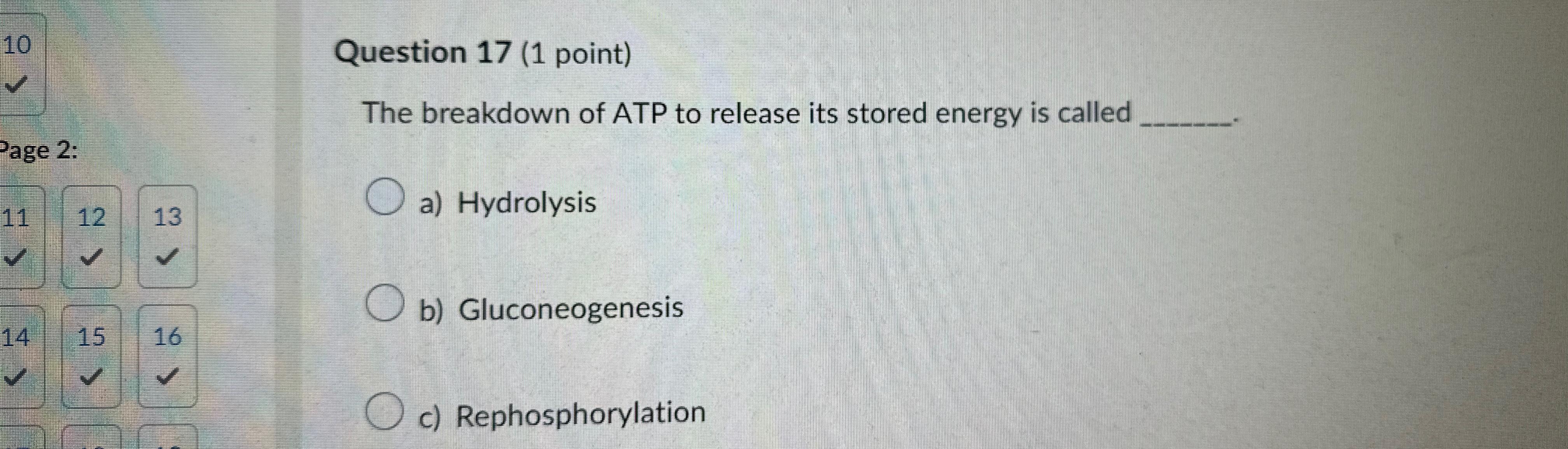 Solved Question 17 (1 ﻿point)The breakdown of ATP to release 