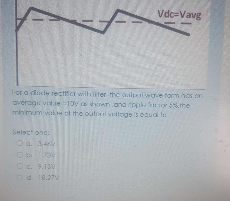 Solved Vdc=Vavg For a dio de rectifier with filter, the | Chegg.com