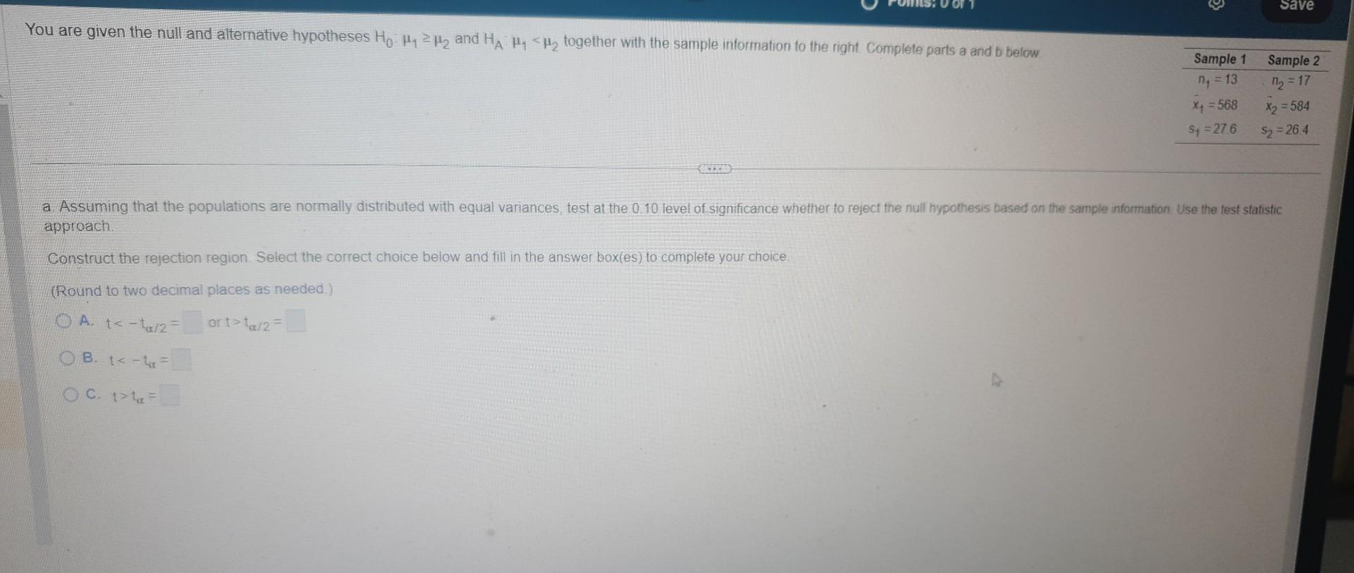 Solved approach. Construct the rejection region. Select the | Chegg.com