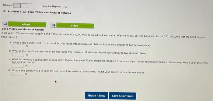 Solved 12. Problem 4-12 (Bond Yields And Rates Of Return) | Chegg.com