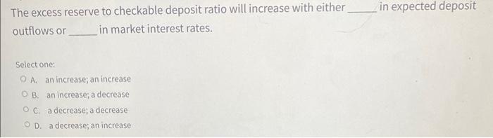 Solved The excess reserve to checkable deposit ratio will | Chegg.com