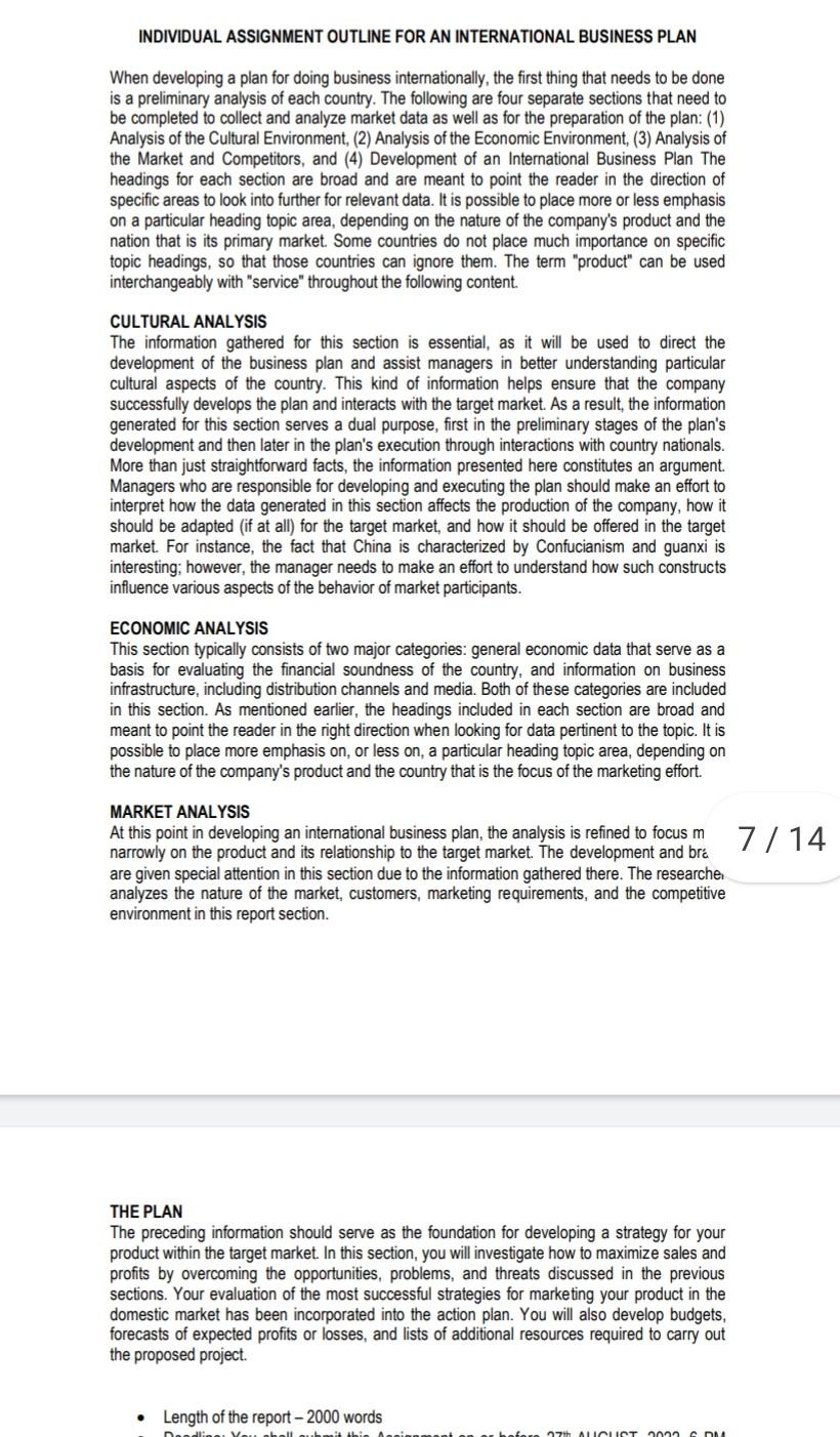 Solved INDIVIDUAL ASSIGNMENT OUTLINE FOR AN INTERNATIONAL | Chegg.com