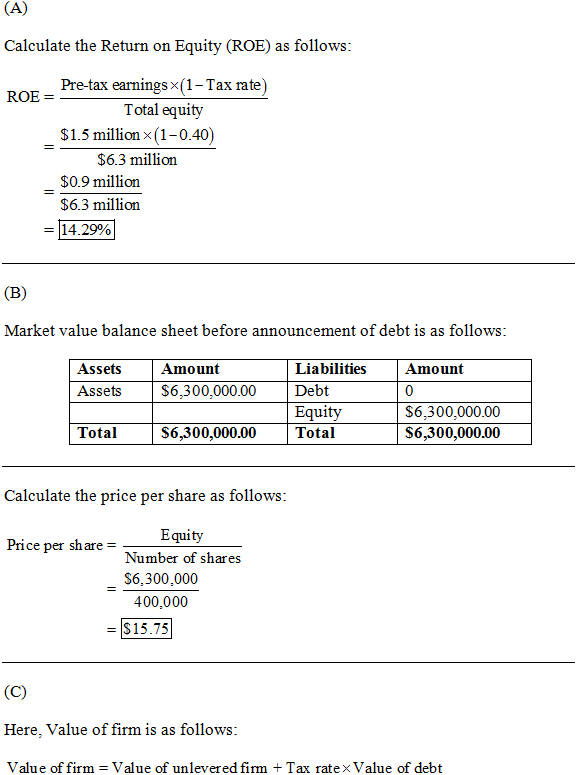 (A) Calculate the Return on Equity (ROE) as follows: Pre-tax earnings (1- Tax rate) ROE = Total equity $1.5 million (1-0.40)