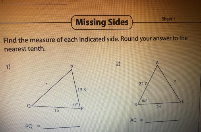 Solved Sheet1 Missing Sides Find the measure of each | Chegg.com