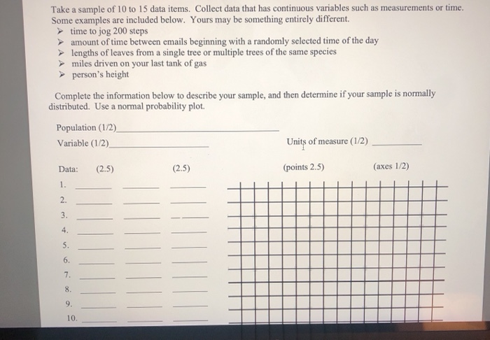 Ten Data Sample Solved Take a sample of 10 to 15 data items. Collect data | Chegg.com