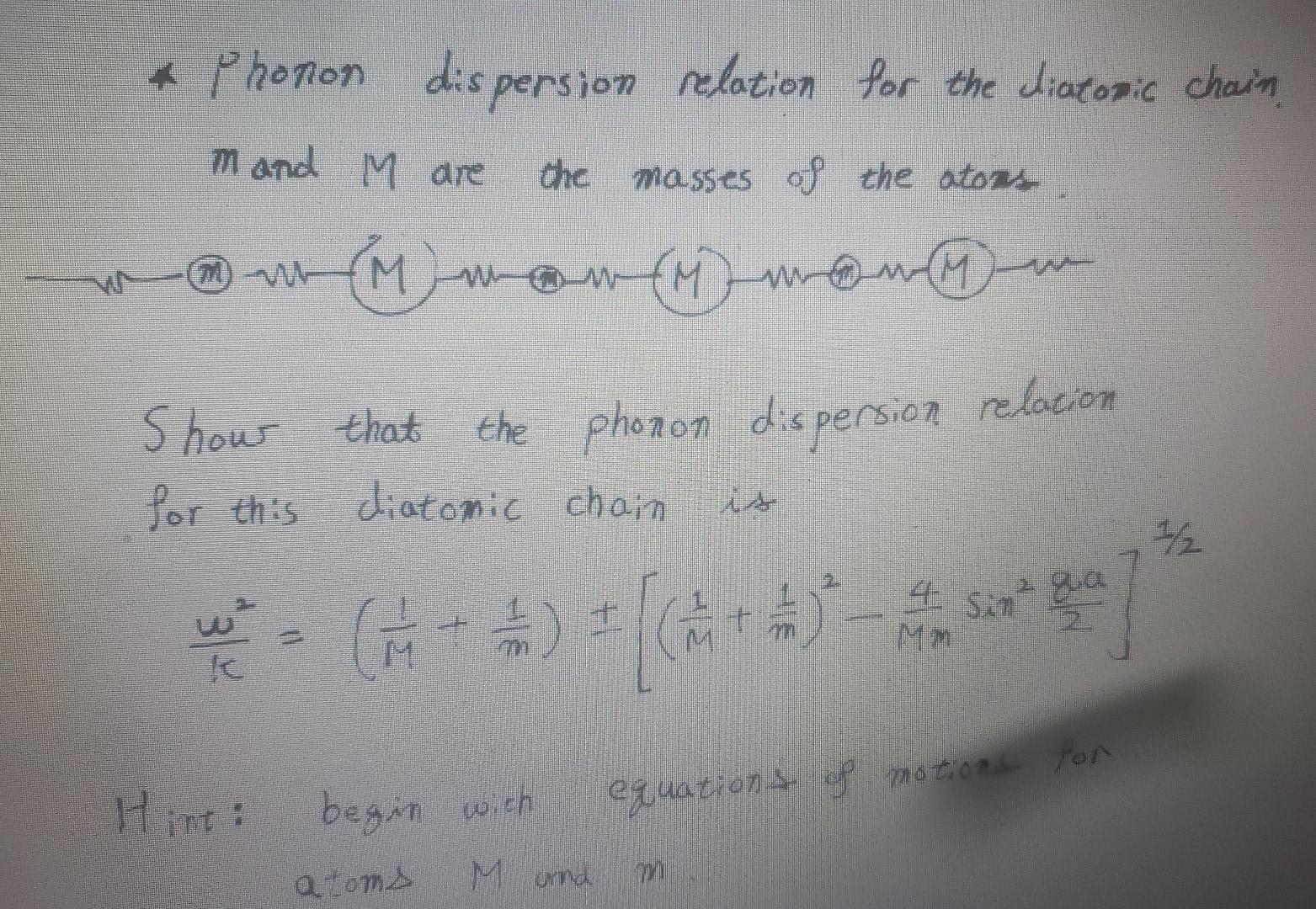 Solved * Phonon dispersion relation for the diatonic chain m | Chegg.com