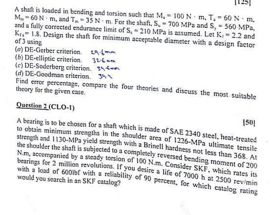 A shaft is loaded in bending and torsion such that \( M_{2}=100 \mathrm{~N} \cdot \mathrm{m}, T_{2}=60 \mathrm{~N} \cdot \mat