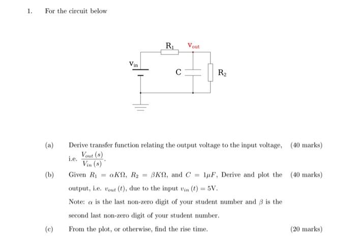 Solved 1. For the circuit below R1 Vout Vin с R2 (a) (b) | Chegg.com