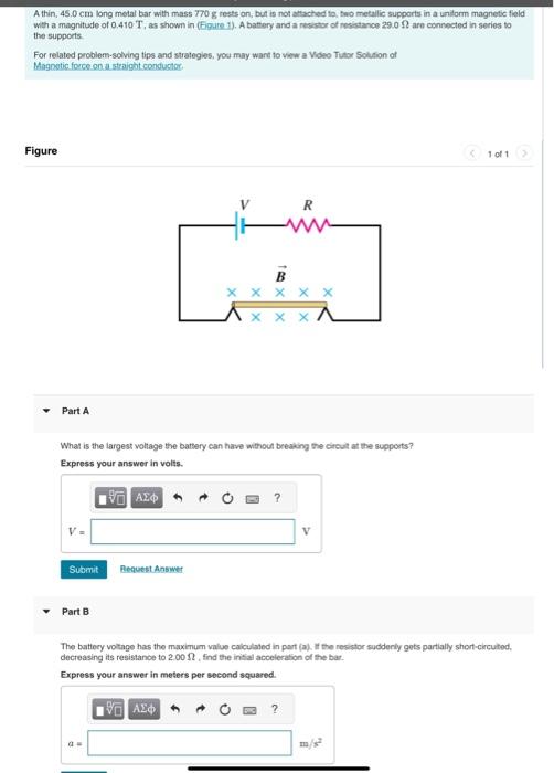 Solved A thin, 45.0 cm long metal bar with mass 770 g rests