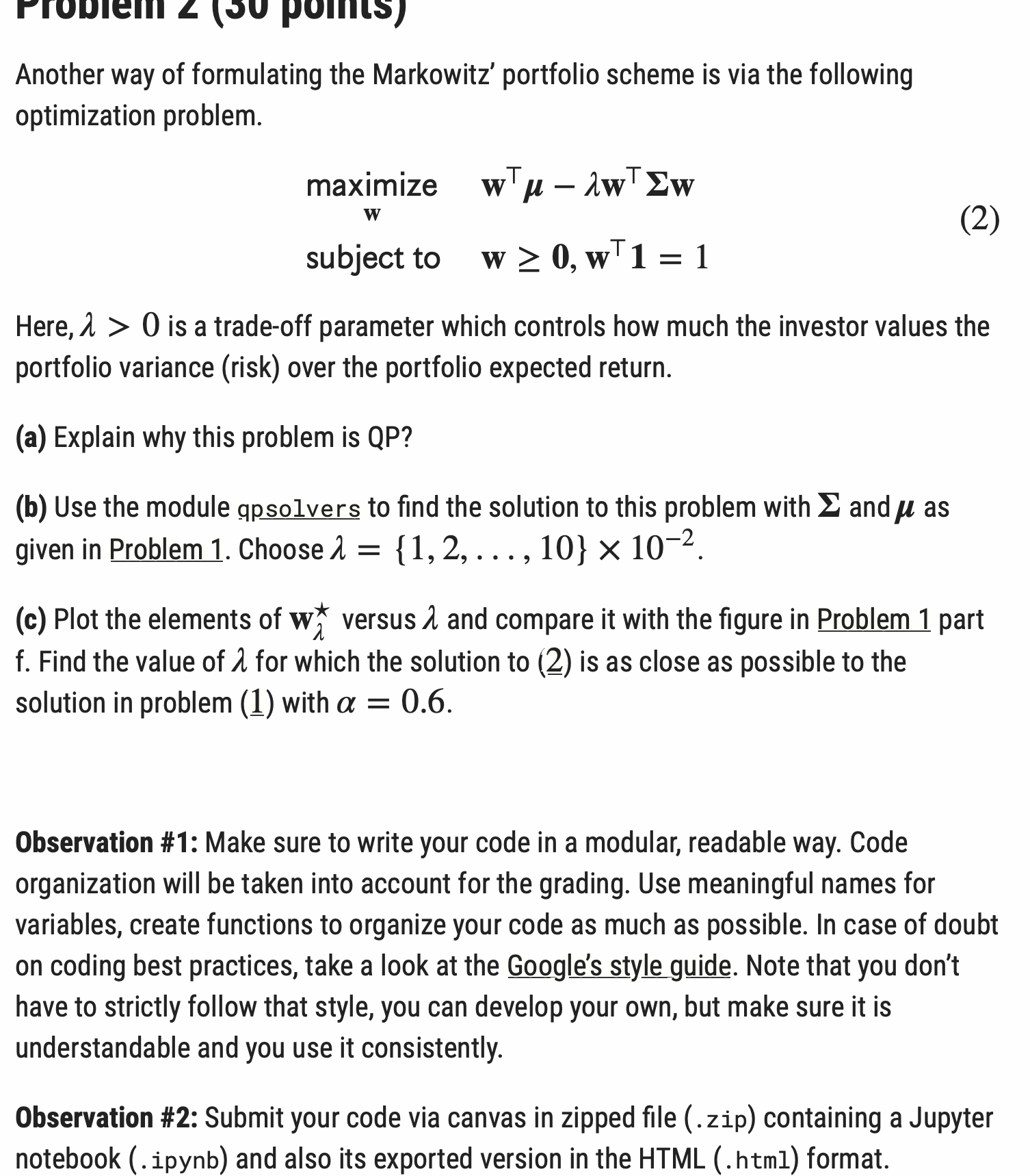 Solved Another Way Of Formulating The Markowitz' Portfolio | Chegg.com