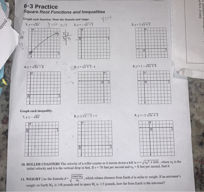 6-3 Practice: Square Root Functions and Inequalities