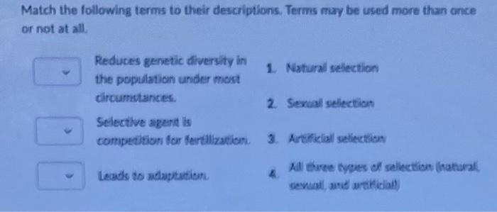 Solved Match The Following Types Of Sexual Selection To | Chegg.com