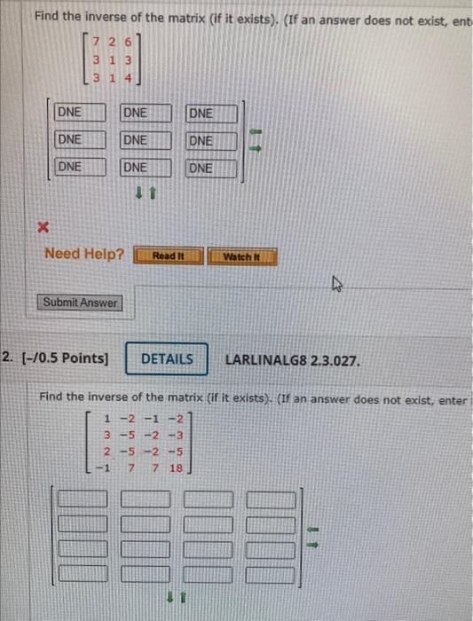 Solved Find the inverse of the matrix (if it exists). (If an | Chegg.com