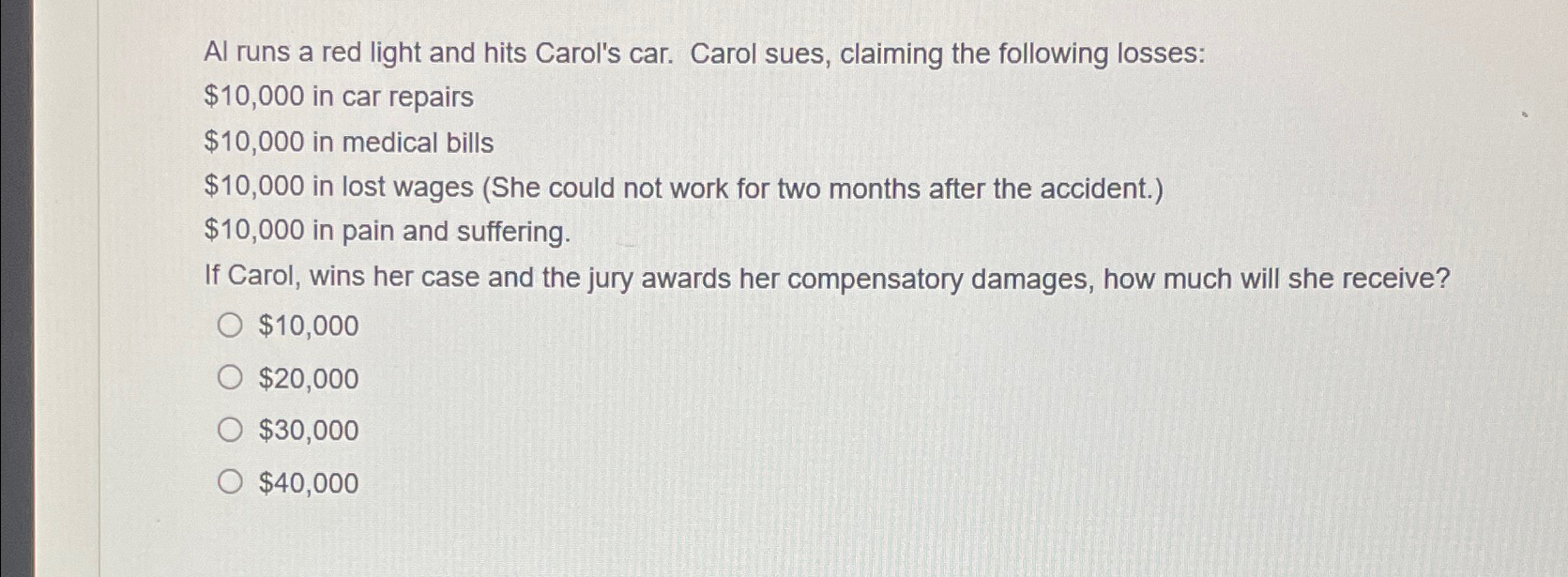 Solved Al runs a red light and hits Carol's car. Carol sues, | Chegg.com