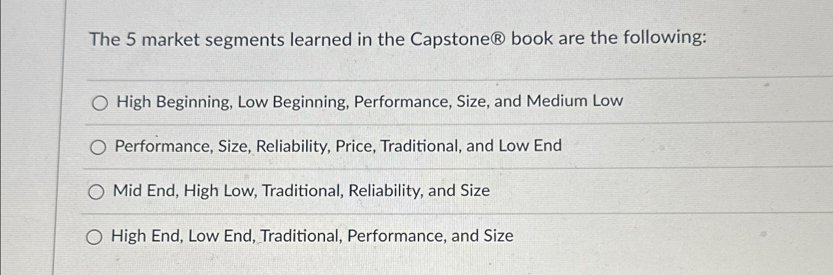 Solved The 5 ﻿market segments learned in the Capstone ?® | Chegg.com