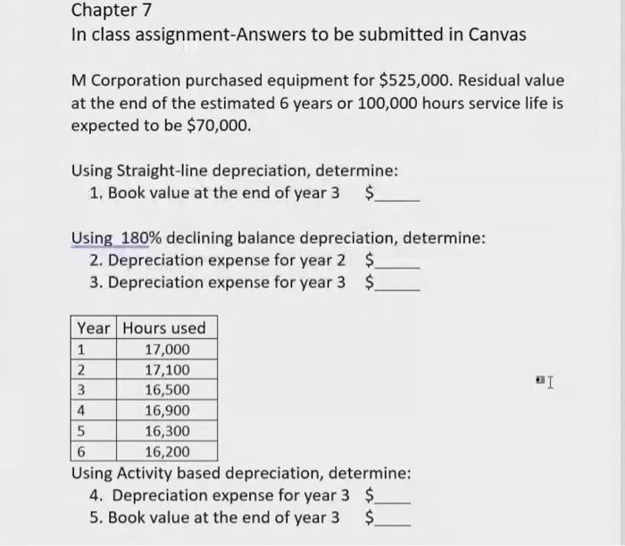 Solved Chapter 7 In class assignment-Answers to be submitted | Chegg.com