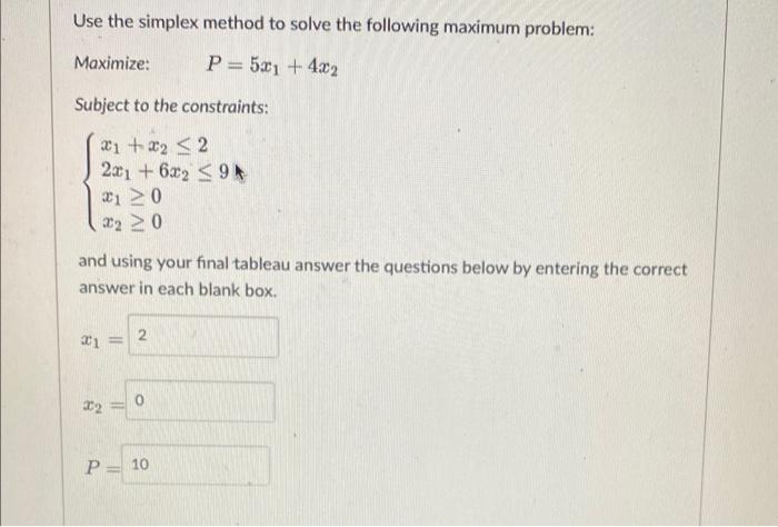 Solved Use the simplex method to solve the following maximum | Chegg.com