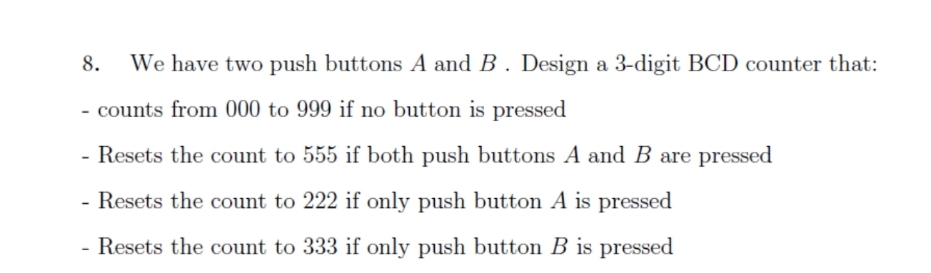 Solved We have two push buttons A and B. ﻿Design a 3-digit | Chegg.com
