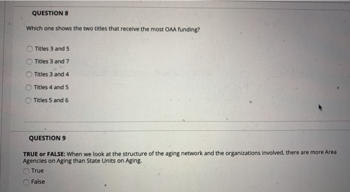 QUESTION 8 Which one shows the two titles that receive the most OAA funding? Titles 3 and 5 Titles 3 and 7 Titles 3 and 4 Tit