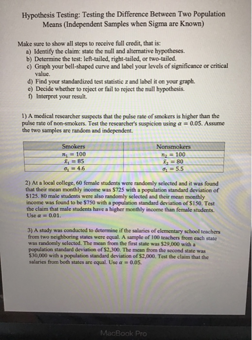 Solved Hypothesis Testing: Testing the Difference Between | Chegg.com