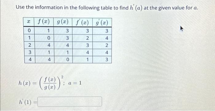 Solved Use the information in the following table to find | Chegg.com