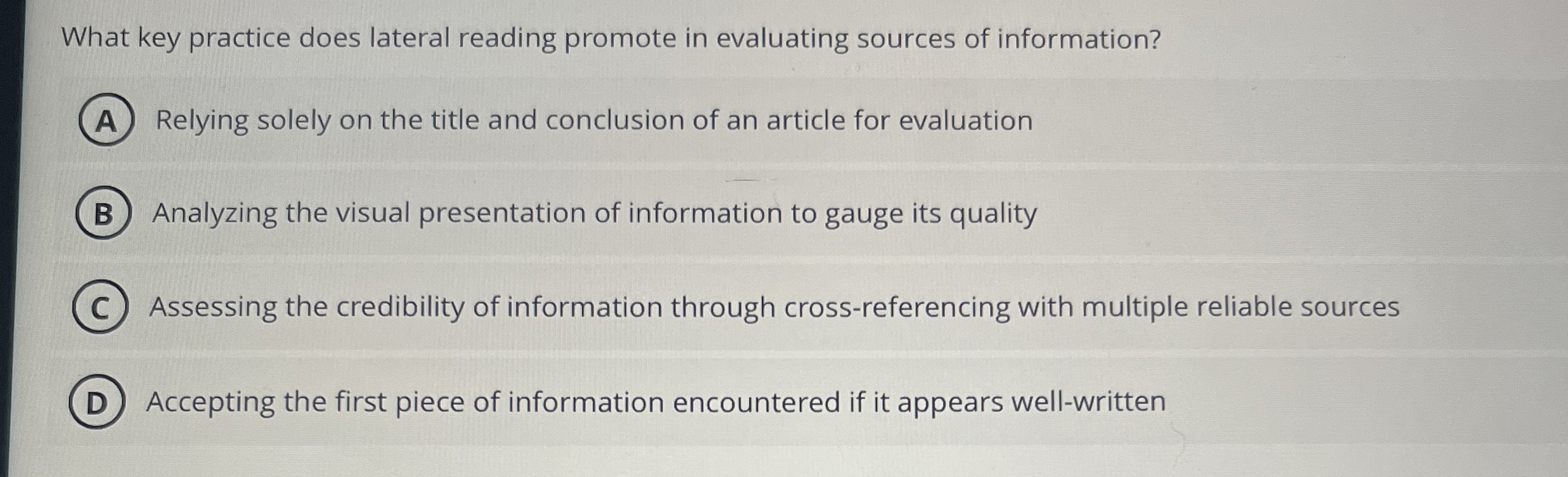 Solved What key practice does lateral reading promote in | Chegg.com