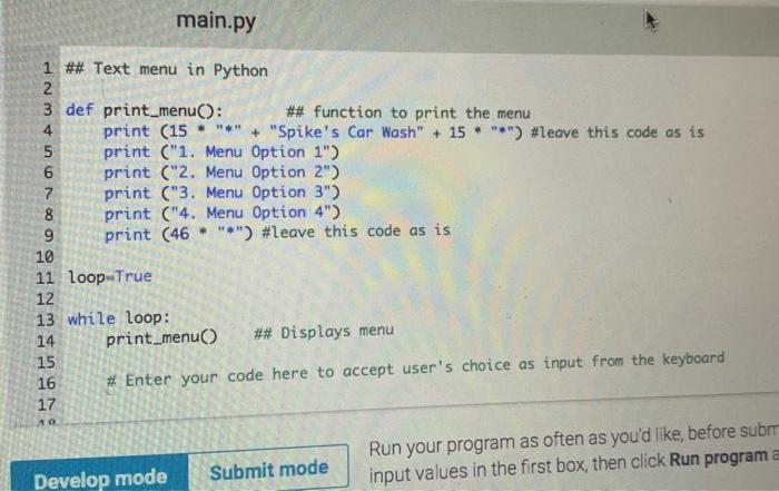 Solved main.py NMN 1 ## Text menu in Python 2 3 def | Chegg.com