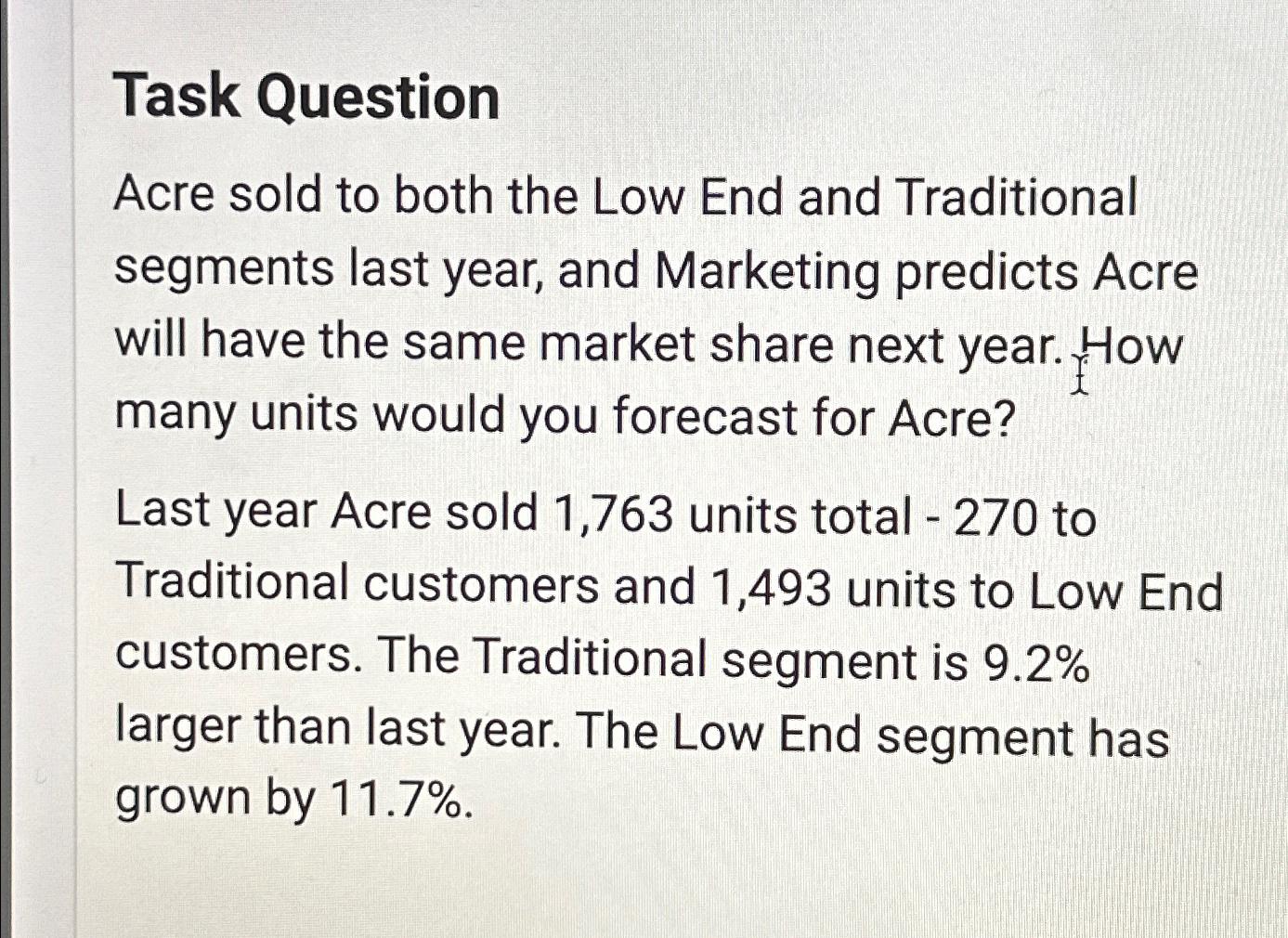 Solved Task QuestionAcre sold to both the Low End and | Chegg.com