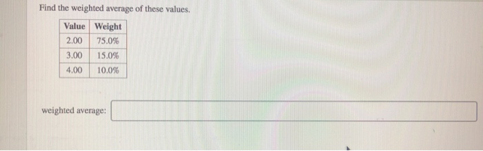 Solved Find the weighted average of these values. Value | Chegg.com