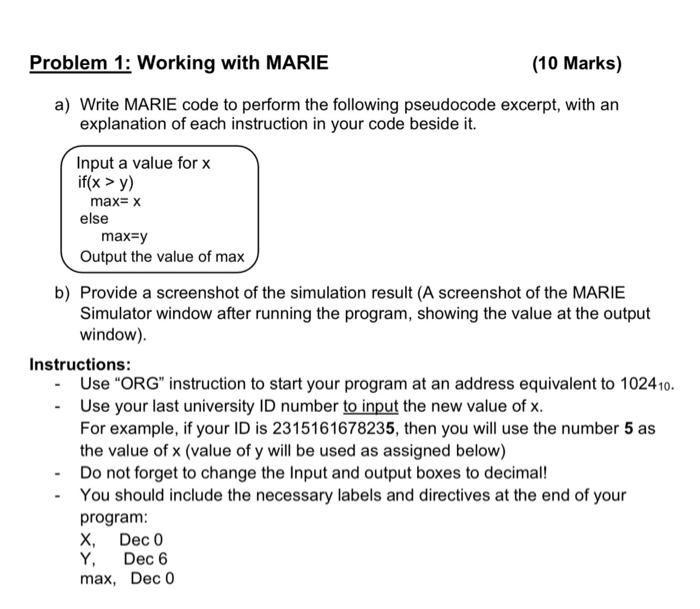 Solved Problem 1: Working with MARIE (10 Marks) a) Write | Chegg.com