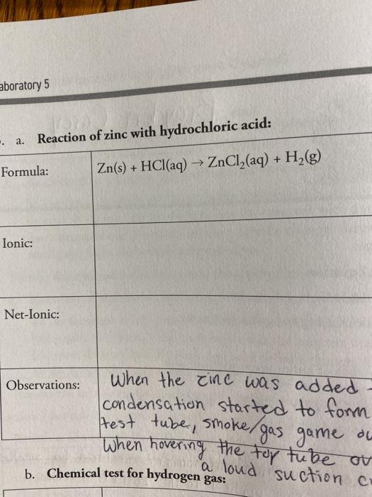 Solved aboratory 5 .. a. Reaction of zinc with hydrochloric