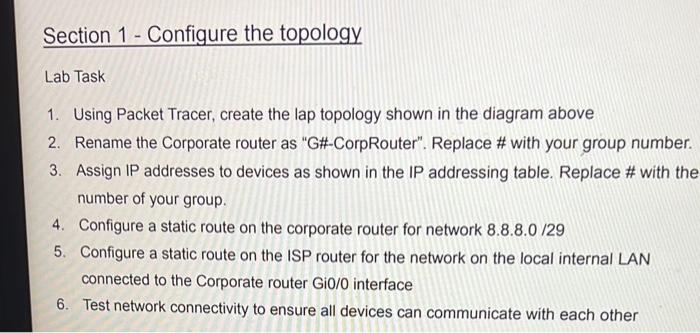 Section 1 - Configure the topology
Lab Task
1. Using Packet Tracer, create the lap topology shown in the diagram above
2. Ren