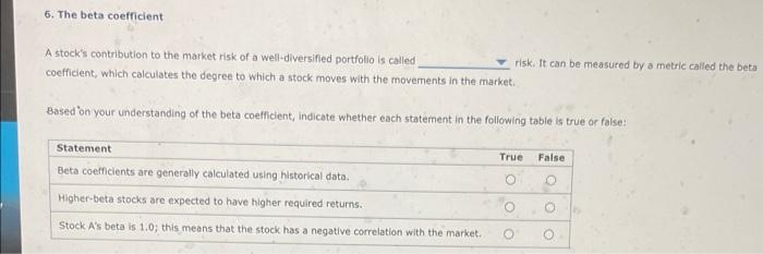 Solved 6. The beta coefficient A stock's contribution to the | Chegg.com