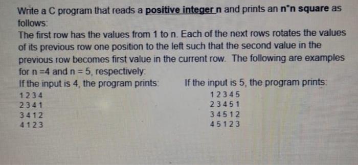 Solved Write a C program that reads a positive integer n and | Chegg.com