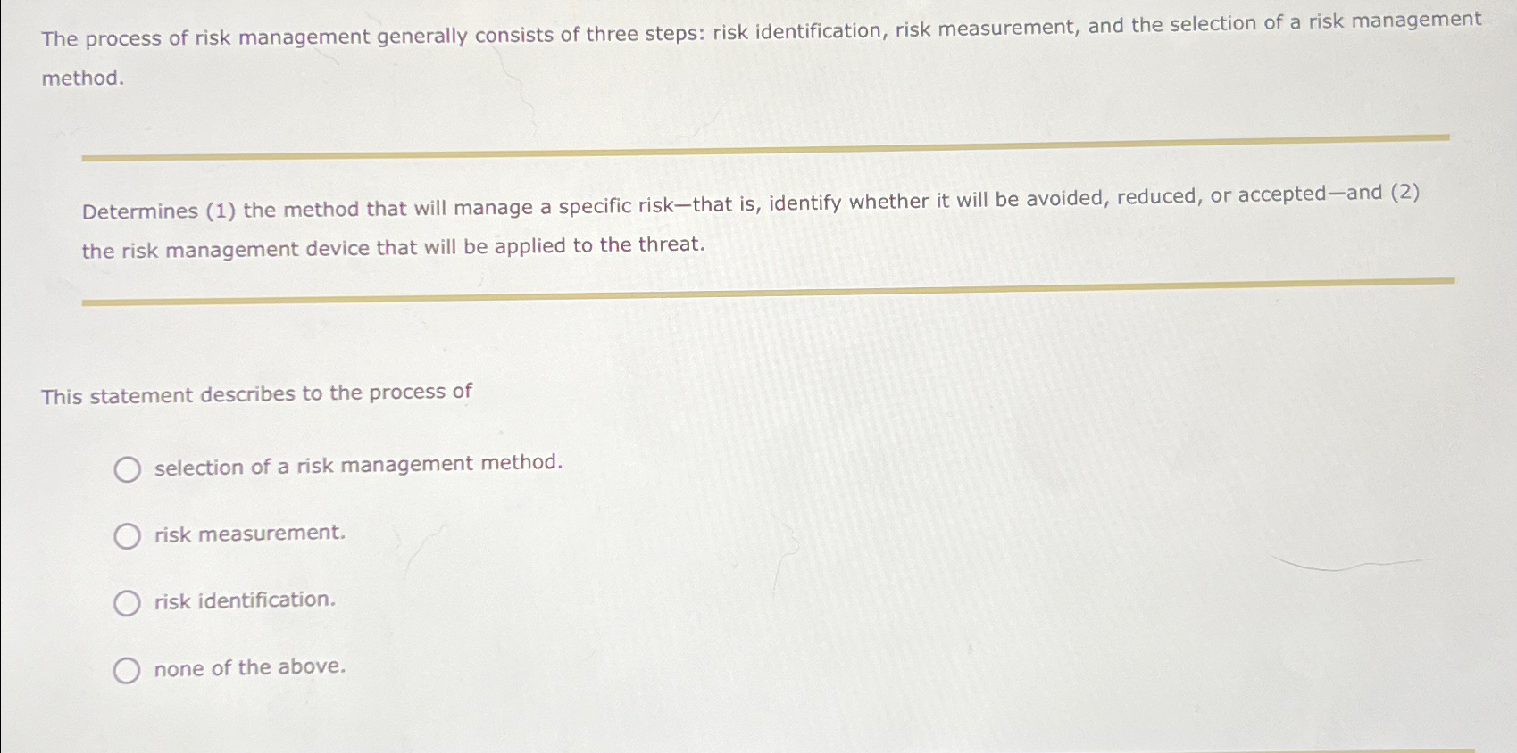 Solved The process of risk management generally consists of | Chegg.com