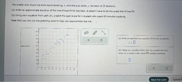 The scatter plot shows the time spent studying, \( x \), and the quiz score, \( y \), for each of 25 students.
(a) Write an a