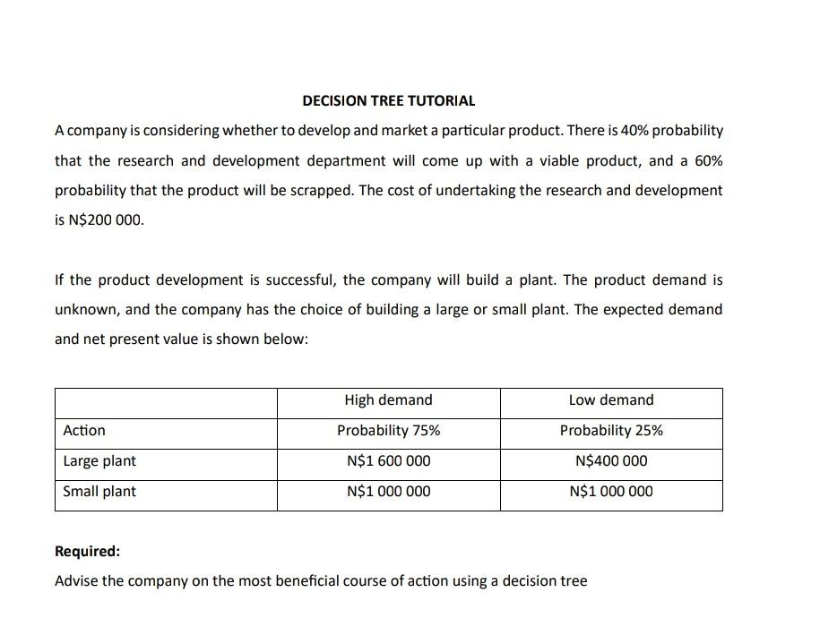 Solved DECISION TREE TUTORIAL A company is considering | Chegg.com
