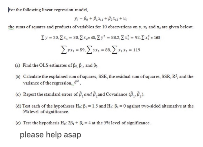 For The Following Linear Regression Model, Y = Be + | Chegg.com