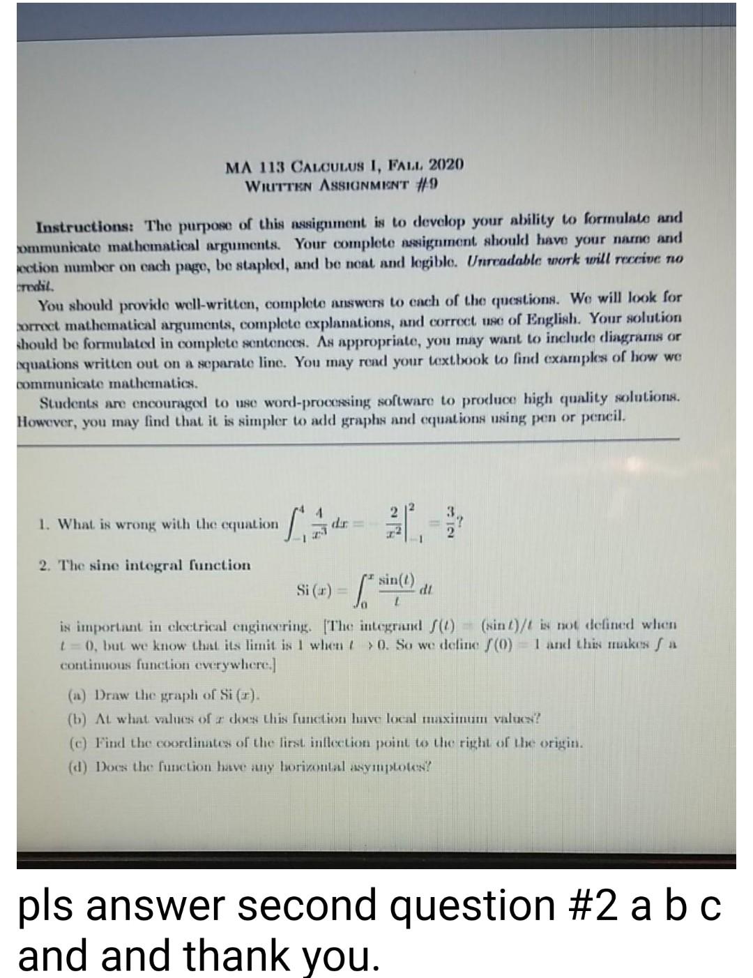 Solved MA 113 CALCULUS I, FALL 2020 WRITTEN ASSIGNMINT #9