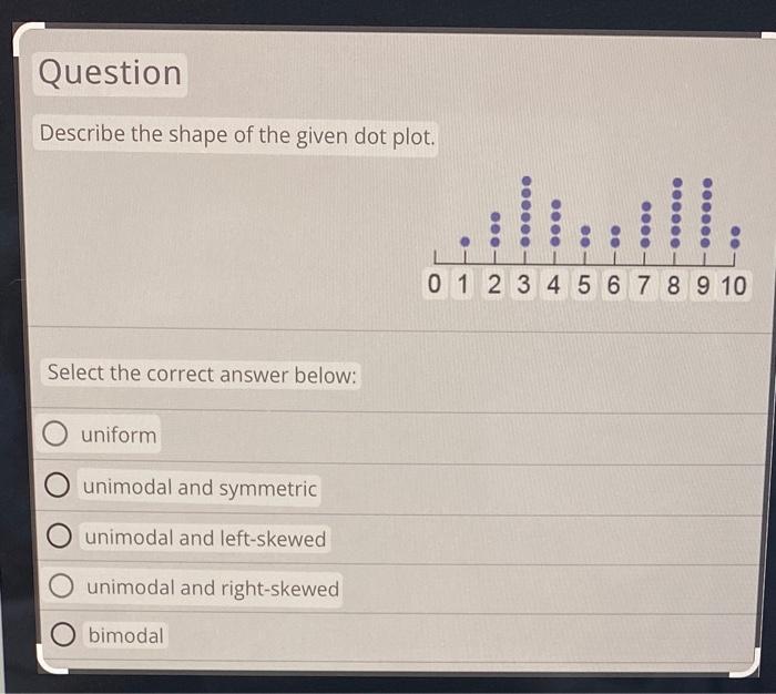 Describe the shape of the given dot plot.
Select the correct answer below:
uniform
unimodal and symmetric
unimodal and left-s