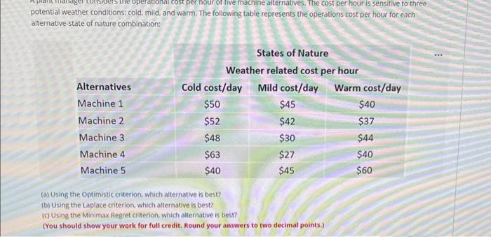 Solved potential weather conditions: cold, mild. and warm. | Chegg.com