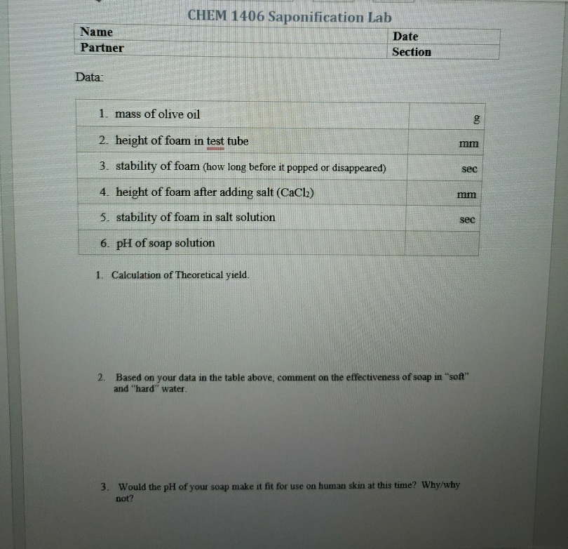 CHEM 1406 ﻿Saponification