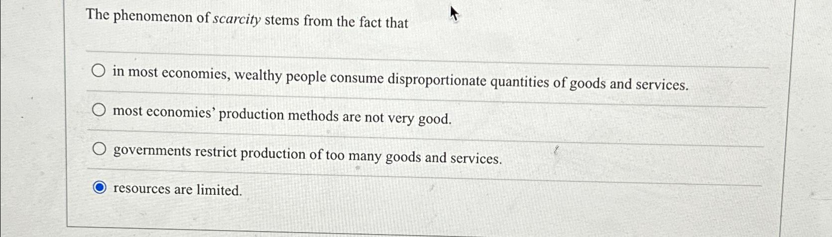 Solved The phenomenon of scarcity stems from the fact thatin | Chegg.com