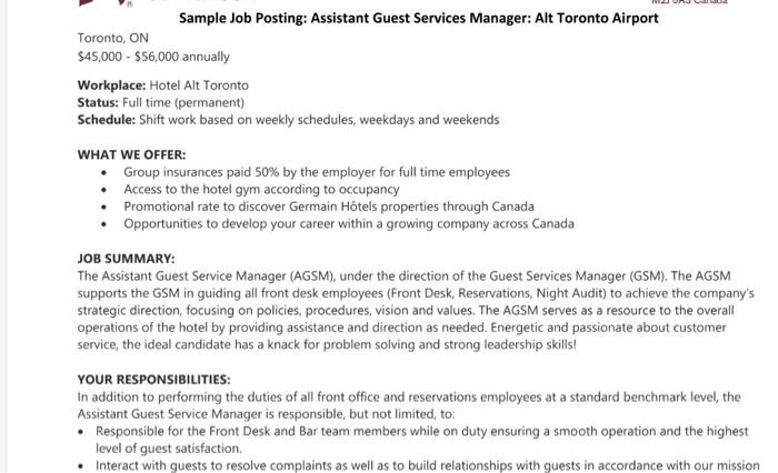 Solved Sample Job Posting: Assistant Guest Services Manager